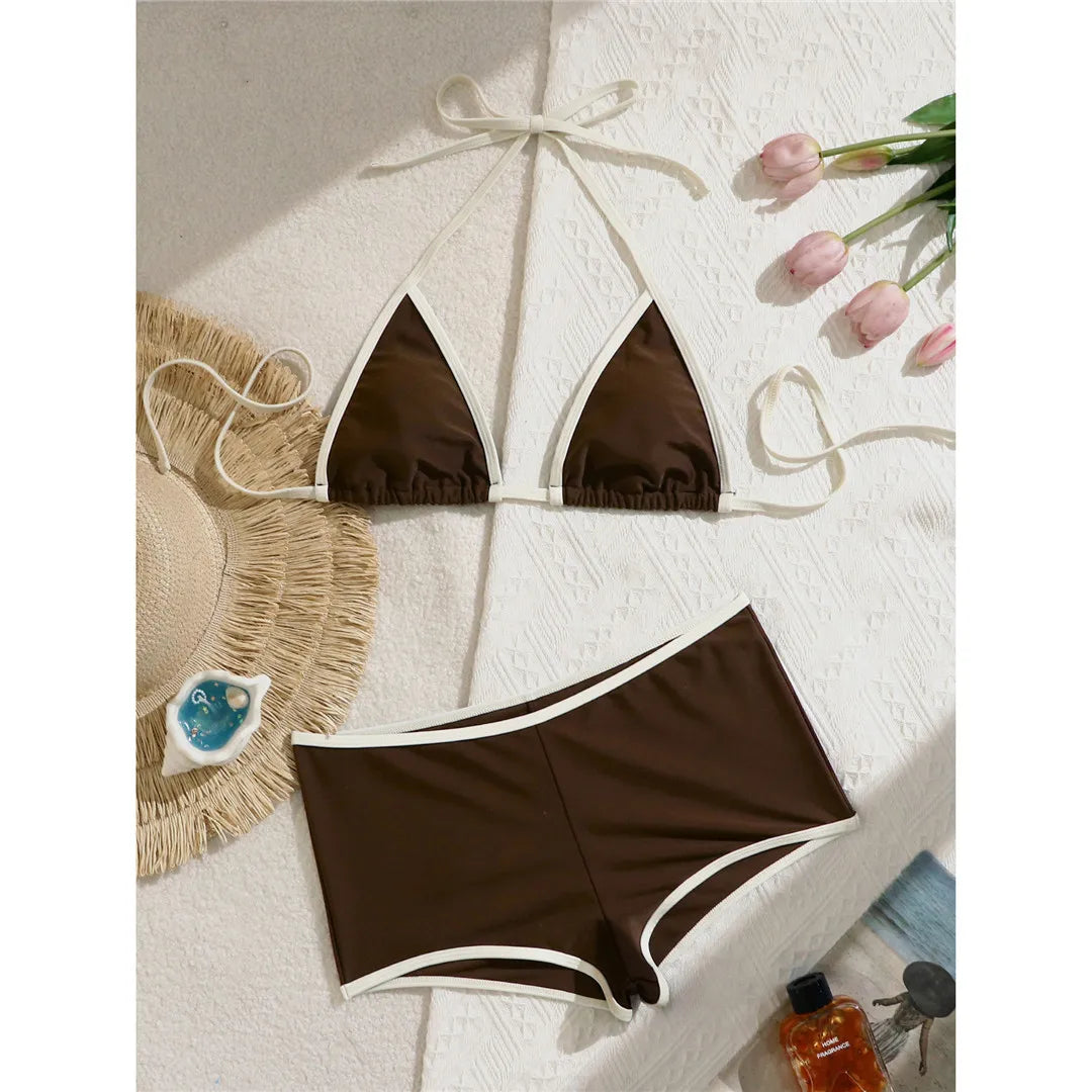 Splicing Halter Shorts Bikini Female Swimsuit Women Swimwear Two-pieces Bikini set Padded Bather Bathing Suit Swim