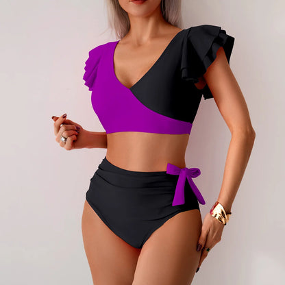 2Pcs/Set Women Bikini Set Lady Girls V-neck Ruffle Sleeve Bra Beachwear Female Swimwear High Waist Bathing Suits
