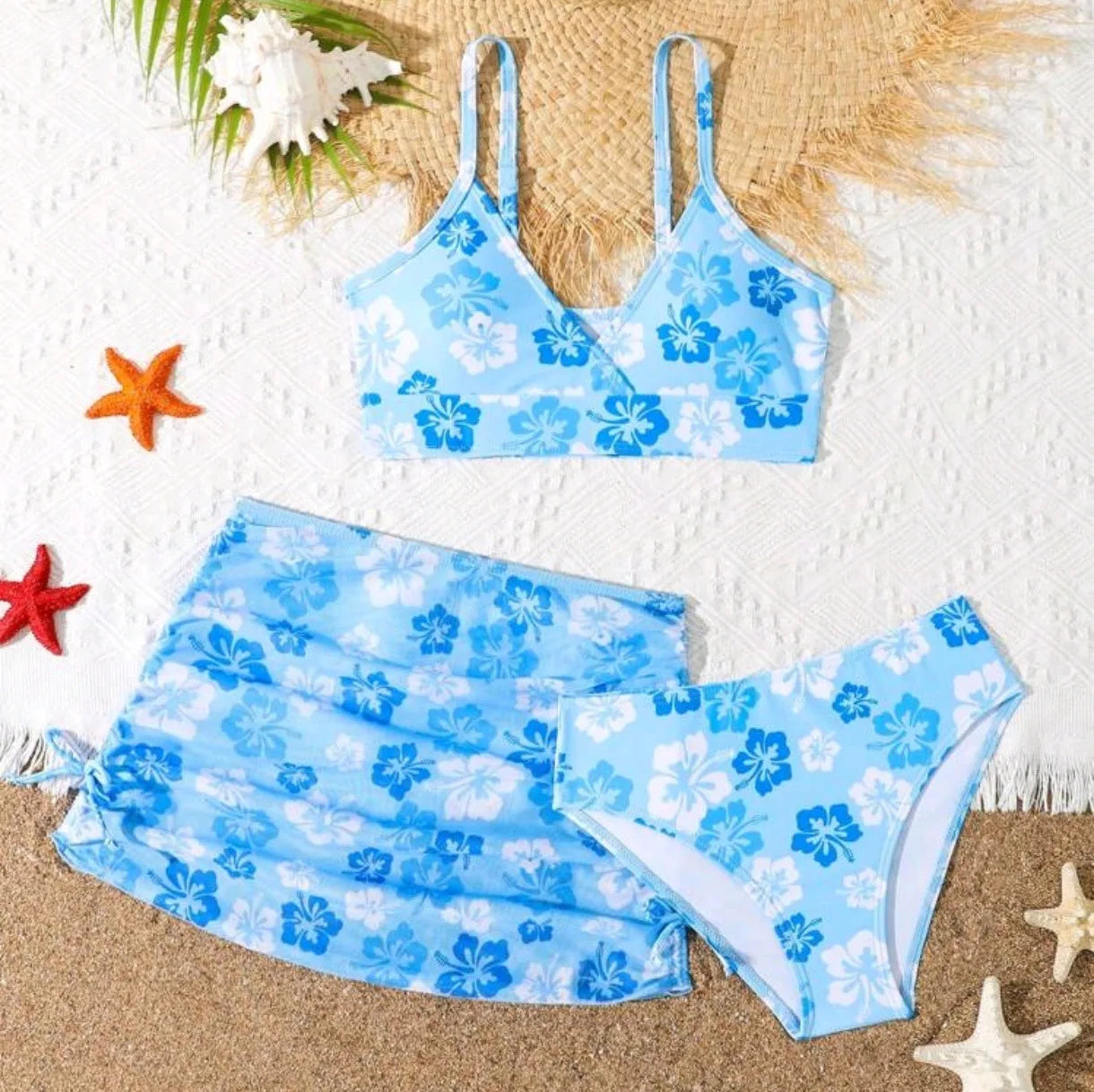Girls 3 Piece Floral Print Bikini Sets Kids Swimsuit Beach Skirts 7-12 Years Children's Swimwear 2025 Teenages Girl Bathing Suit