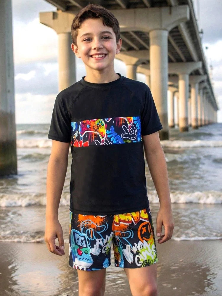 Boys' Black Game-Console Short-Sleeve Rash Guard & Shorts Set