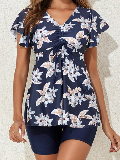 Front Drawstring Swimsuit Women V Neck Two Piece Printed Tankini Set Summer Beachwear Swimwear Female Bathing Swimming Suit