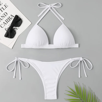 Halter Bra Cup Bikini Swimsuit Female White Swimwear Women Push up Bikini set Brazilian Bathing Suit Bandeau Swim suit