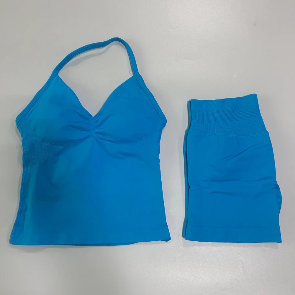 2Pcs Gym Set Women Backless Tank Tops High Waist Scrunch Seamless Shorts Gym Suit Fitness Clothes Activewear Workout Set