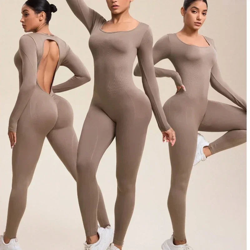 Women's Square-Neck Long-Sleeve Open-Back Workout Jumpsuit