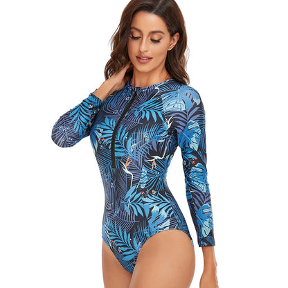 Womens Athletic One Piece Swimsuits Rashguard Long Sleeve Swimsuit Sports Surfing Swimwear Bathing Suits Printed Half Zipper XXL