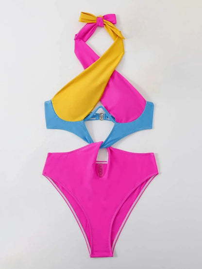 Orange Patchwork One Piece Swimwear Women Halter Cross Underwire Hollow Out Backless Bathing Suit Holiday Swimsuit