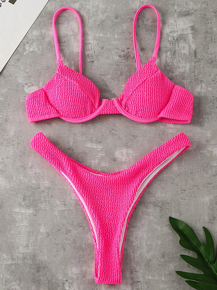 Ribbed Underwired V-Bar Thong Bikini Women Swimsuit Female Swimwear Two-pieces Bikini Set High Cut Bathing Suit Swim Beachwear