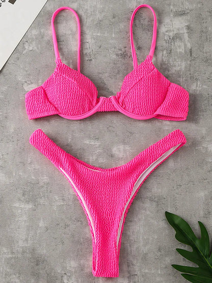 Ribbed Underwired V-Bar Thong Bikini Women Swimsuit Female Swimwear Two-pieces Bikini Set High Cut Bathing Suit Swim Beachwear