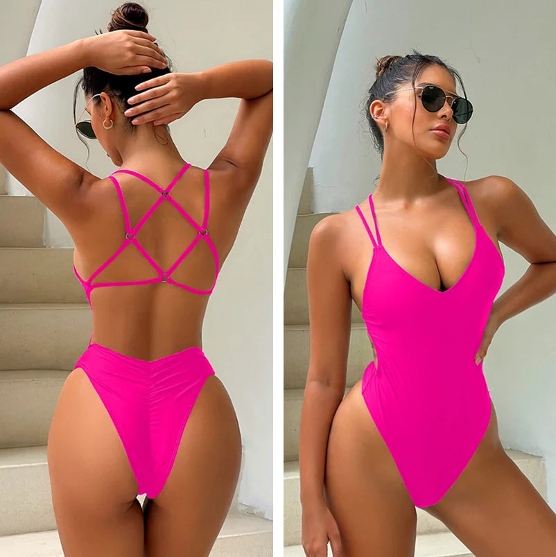 Solid Color or Pattern Swimsuit Pad Beach One Piece Swimwear Women Bathers Hi Cut