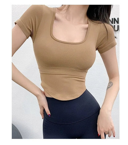 Aiithuug U Neck Yoga Bra Crop Bra Short Sleeve Ribbed Gym Crop Pilates Bras Gym Bra Workout Crops Fitness Top Running Crops