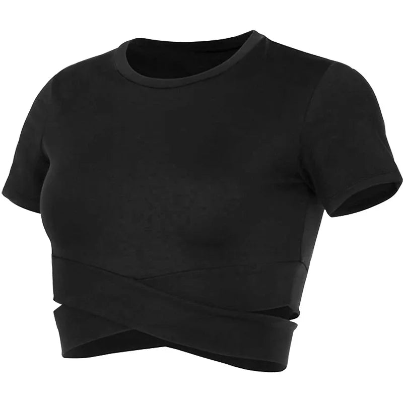 Aiithuug Waist Yoga Short Sleeve Crisscross Waist Breathable Gym Shirts Sports Tops Workout Fitness Crop Top Yoga Top