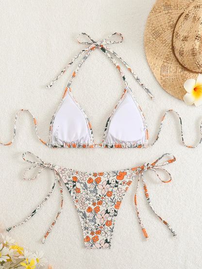 Tie Dye Gradient Mini Bikini Women Halter Push Up Bra Tie Side Thong Swimsuit Beach Pool Holiday Bathing Suit Swimwear