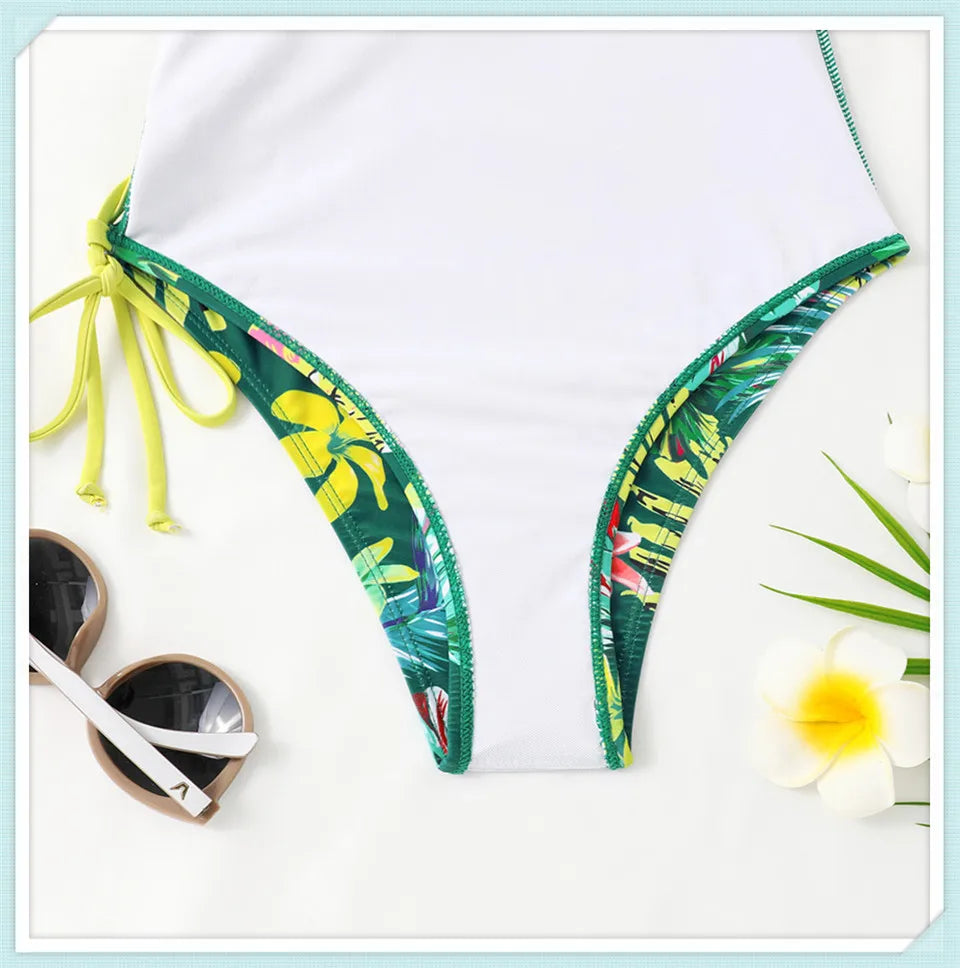 Lace Up Back Swimsuit One Piece Printed Swimwear Women Backless Bathing Swimming Suit Female Padded Beachwear Bodysuit