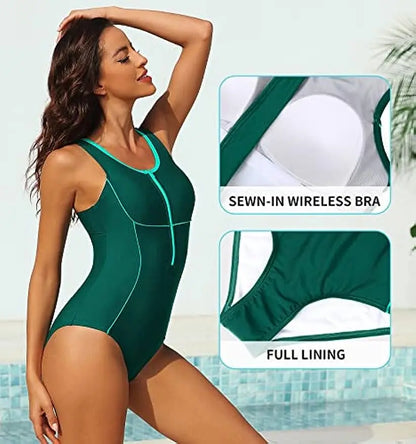 Attraco Women Swimsuit One-Piece Sports Athletic U-Neck Front Zipper Swimwear Racerback Sewn-In Wireless Bra Bathing Suit