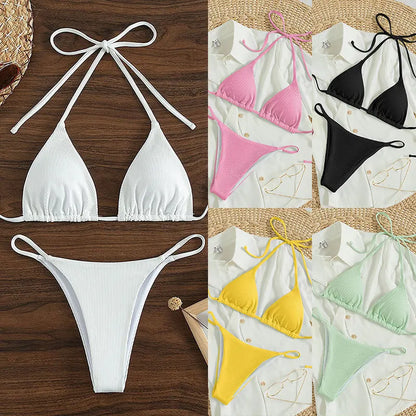 11 Colors Women Simple Solid Color Halter Bikini Swimsuit High Waisted Lace Up Beach Bathing Suit Special Pin Stripe Fabric