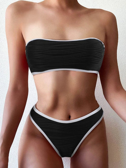 Bandeau High Waist Bikini Women Triangle Swimsuit Stitch Detail Swimwear Padded Bathing Suit Female Solid Beachwear