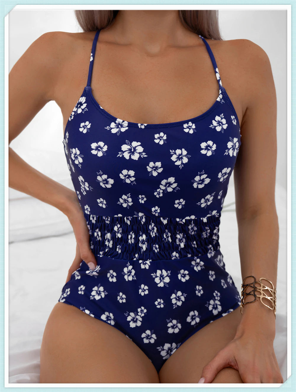 Straped Criss Back One Piece Swimsuit Vintage Swimwear Women Floral Print Bathing Suit Female Front Fold Beachwear Bodysuit