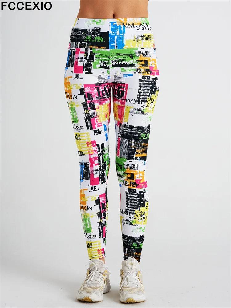 FCCEXIO Rendering Tie Dye Lines Print Women Pants Push Up Running Sports Leggings Slim Pants Casual Fitness Trousers