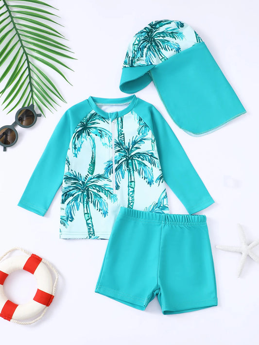 Baby Boys' Palm Print Rash Guard Set with Shorts & Hat