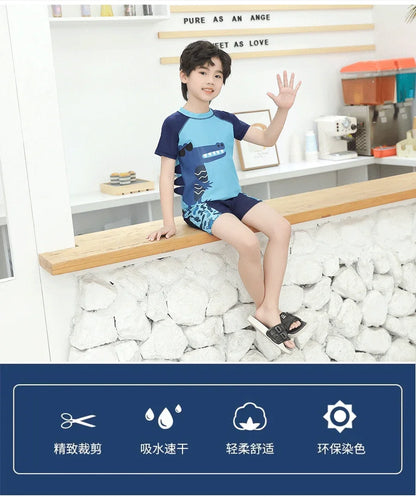 Children's Cartoon Shark Short Sleeve Split Swimwear with Swim Cap, Sun Protection Beach Wear, Baby Boys Swimsuit