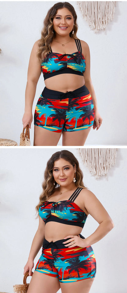 Print Strapped 2 Piece Plus Size Bikini Women High Waist Curvy Swimsuit Brazilian Lady Beach Big Bathing Suit