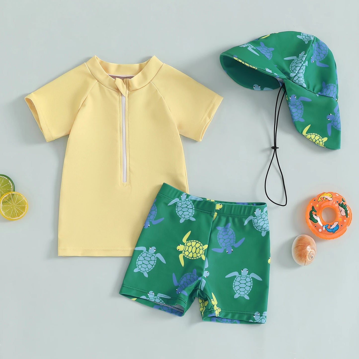 Infant Baby Boys 3 Piece Swimsuit Suit Summer Toddler Rash Guard Short Sleeve Tops Turtle Print Swim Trunks Cap Kid Bathing Suit