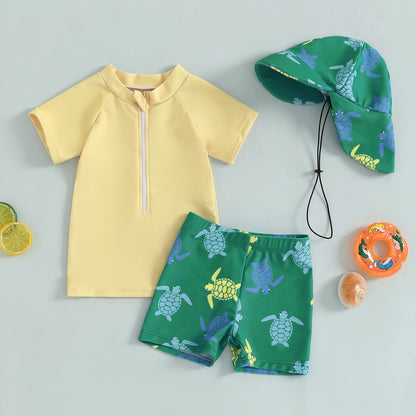 Infant Baby Boys 3 Piece Swimsuit Suit Summer Toddler Rash Guard Short Sleeve Tops Turtle Print Swim Trunks Cap Kid Bathing Suit