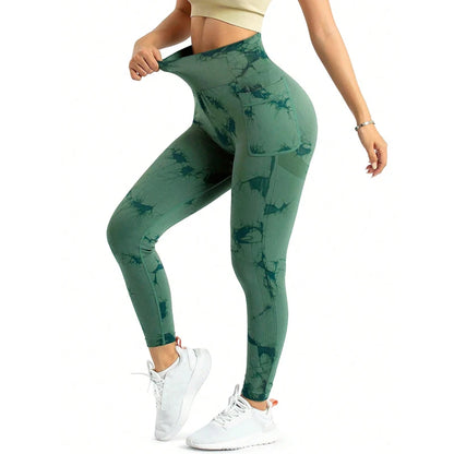 Plus Size High Elastic Sports Yoga Fitness Women's High-Waisted Peach Butt Casual Tight-Fitting Quick-Drying Slim Tie-Dye Seamless with Phone Pocket Pants