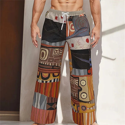 Men's Casual Patchwork Print Drawstring Straight-Leg Pants Relaxed Fit Hawaiian Vacation Trousers Comfortable And Breathable