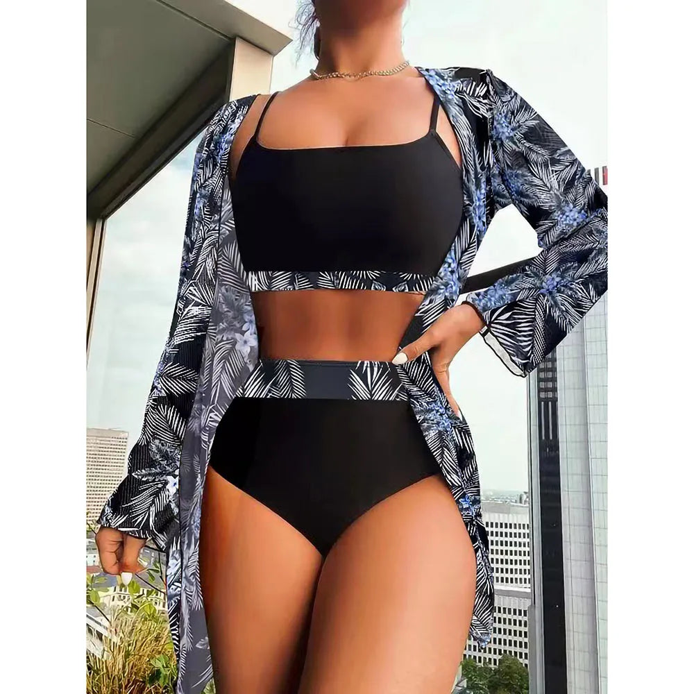 Three Pieces Bikini Set Cover Up Swimwear High Waisted Bikini Set Women's Swimwear Print  For Female Bath Suit Tropical