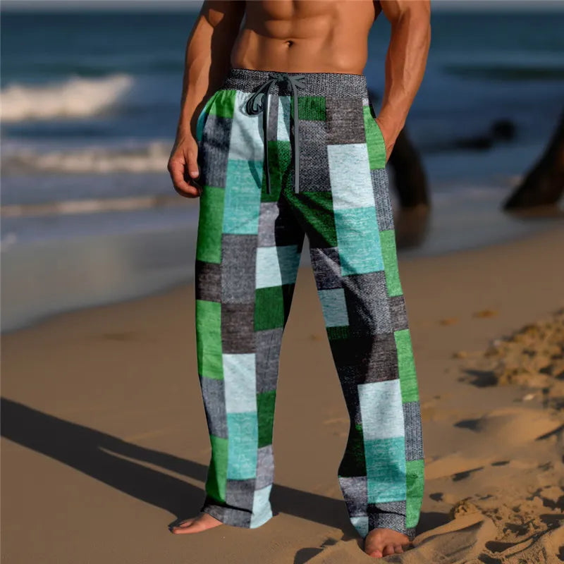 Plaid Color Block Men's Resort 3D Printed Casual Pants Trousers Elastic Waist Fit Straight-Leg Pant Summer Beach Pants 5XL
