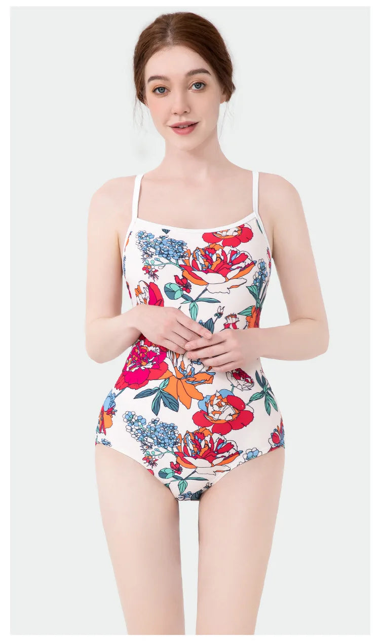 Women Vintage Racing One-piece Swimwear Sun Protection Professional Competition Flower Printed Swimsuit Training Bikini
