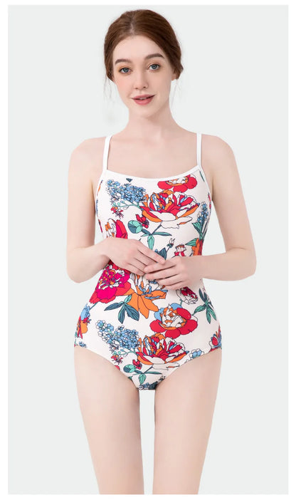 Women Vintage Racing One-piece Swimwear Sun Protection Professional Competition Flower Printed Swimsuit Training Bikini