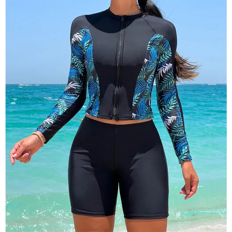 Women's Swimsuit Tankini Set Female Long Sleeves Swimwear Surfing Sports Pool Beachwear Two-Piece Bathing Suits With Shorts