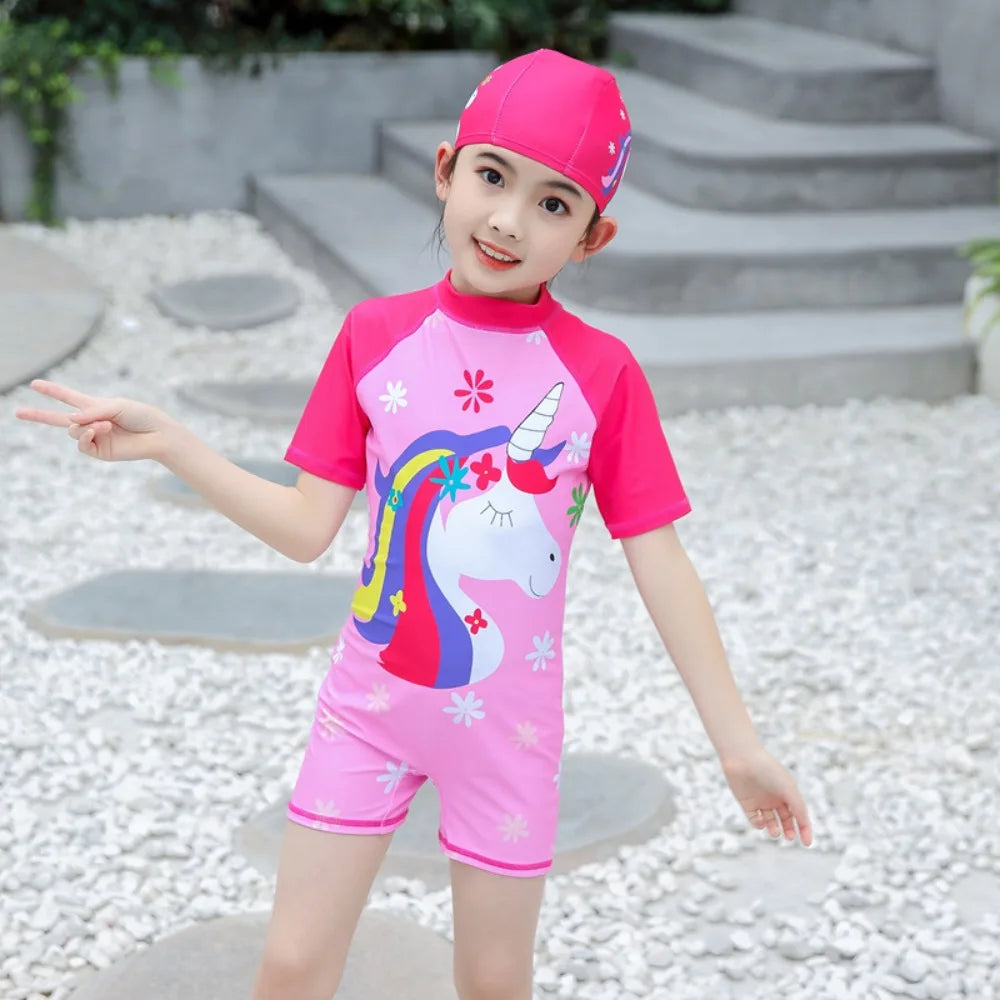 UV Baby Girl Swimsuit One Piece Swimming Jumpsuit Unicorn Bathing Suit SPF 50 Short Sleeve Kids Swimwear for Girls 2-12 Years