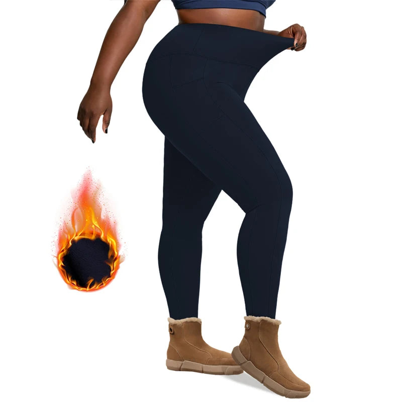 Plus Size Fleece Lined Leggings with Pockets for Women High Waist Winter Tummy Control Thermal Warm Yoga Pants