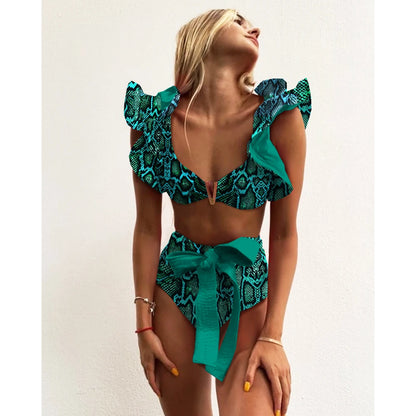 Print Bikini Women Swimwear Push Up Swimsuit High Waist Bikini Halter Backless Bathing Suit Ruffle Beach Wear Summer