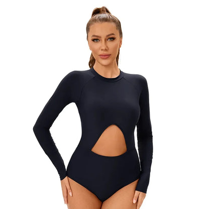 Sports Swimwear Women's Solid Color One Piece Swimsuit High Waist Hollow Out Long Sleeve Zipper Conservative Monokini