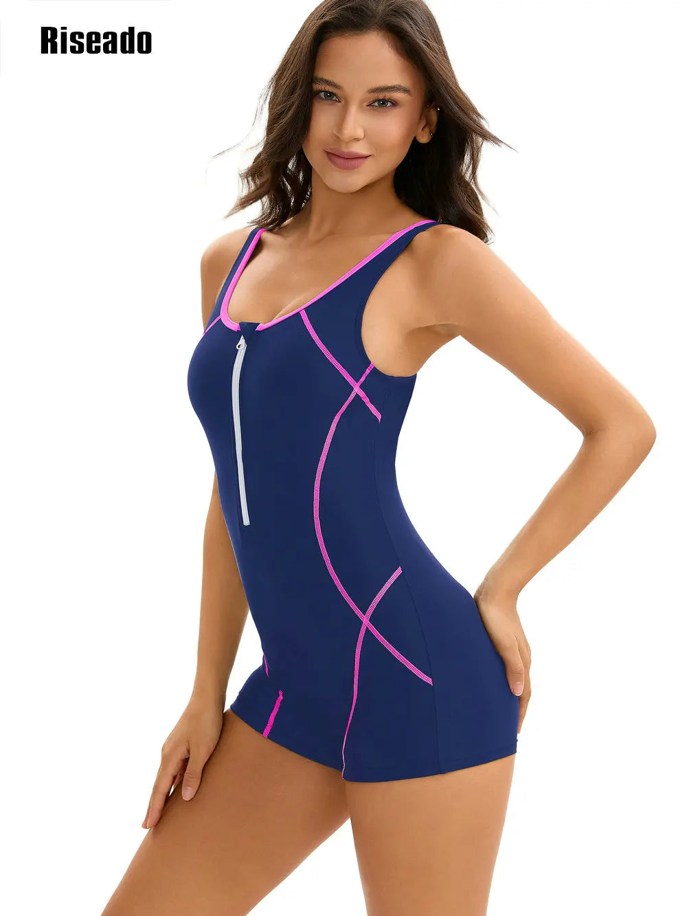 Women One Piece Swimsuit Front Zipper Sports Bathing Suits Athletic Rash Guard Swimwear