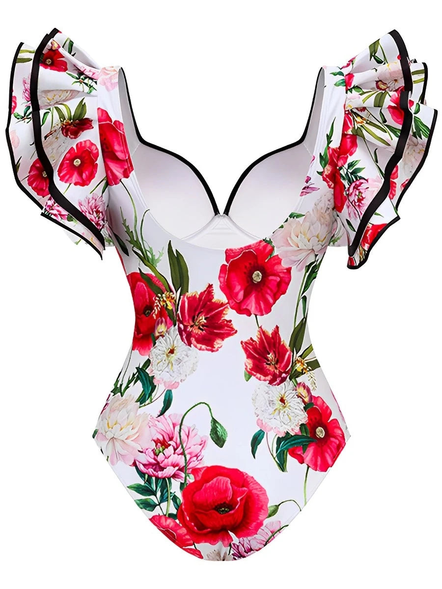 Ruffle Push Up Swimwear Women One Piece Floral Swimsuit Vintage Bather Bathing Swimming Swim Suit Beachwear Summer Bodysuit