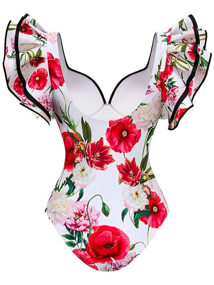 Ruffle Push Up Swimwear Women One Piece Floral Swimsuit Vintage Bather Bathing Swimming Swim Suit Beachwear Summer Bodysuit