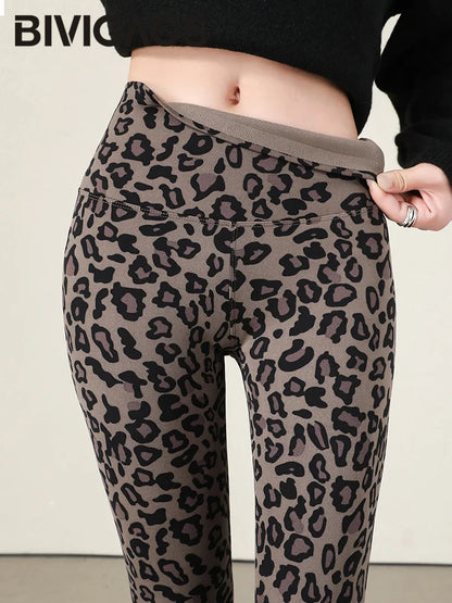 Thin Velvet Fashion Leopard Sharkskin Leggings Women High Waisted Slim Tight Warm Leggings