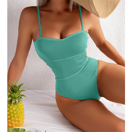 S - XL 11 Colors Ribbed Cut Out One Piece Swimsuit Women Swimwear Female High Leg Cut Padded Bather Bathing Suit Swim Lady