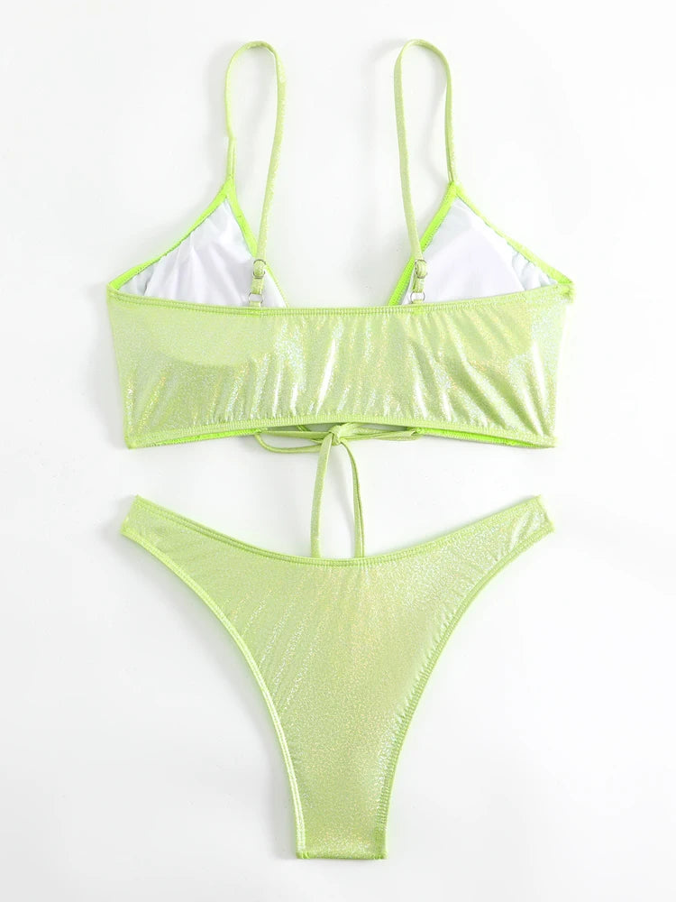 Solid Strapped Swimwear Women High Cut Thong Bikini Push Up Cross Hollow Swimsuit Summer Beach Bathing Suit