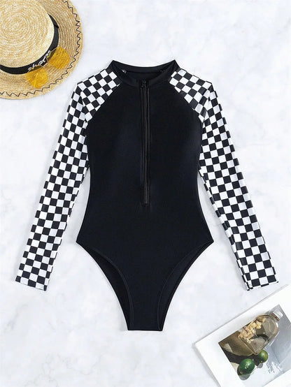 Plaid One-Piece Swimsuits Closed Long Sleeve Swimwear For Sports Surfing Bodysuit Women Swim Bathing Suit Beachwear Pool Bather