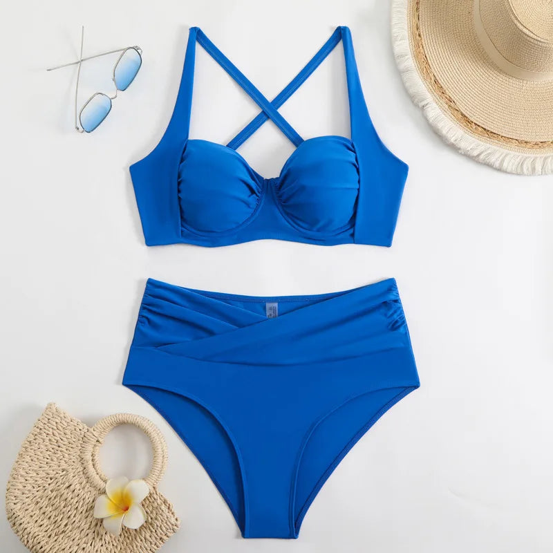 Women's Ruched High-Waisted Underwire Bikini Set