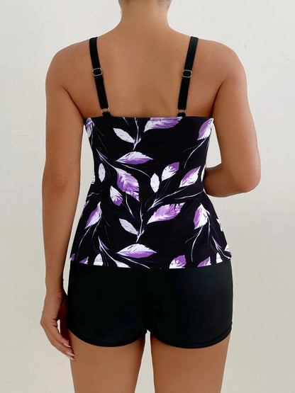Strappy Tankini Leaf Printed Swimsuit Women Two Pieces High Waist Shorts Swimwear Female Bathing Swimming Suit Beachwear
