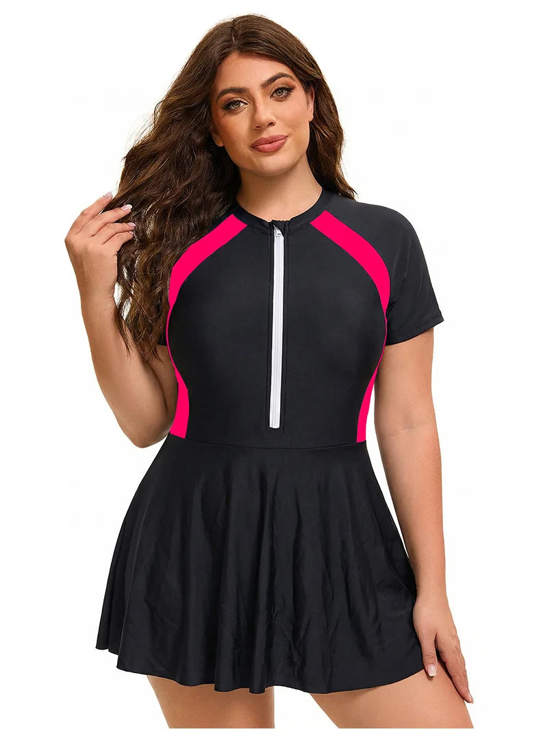 Women's Plus Size Color block Swimwear One Piece Swimsuit Full Zip Short Sleeve Rash Guard UPF 50+ Beach Bathing Suit Beachwear