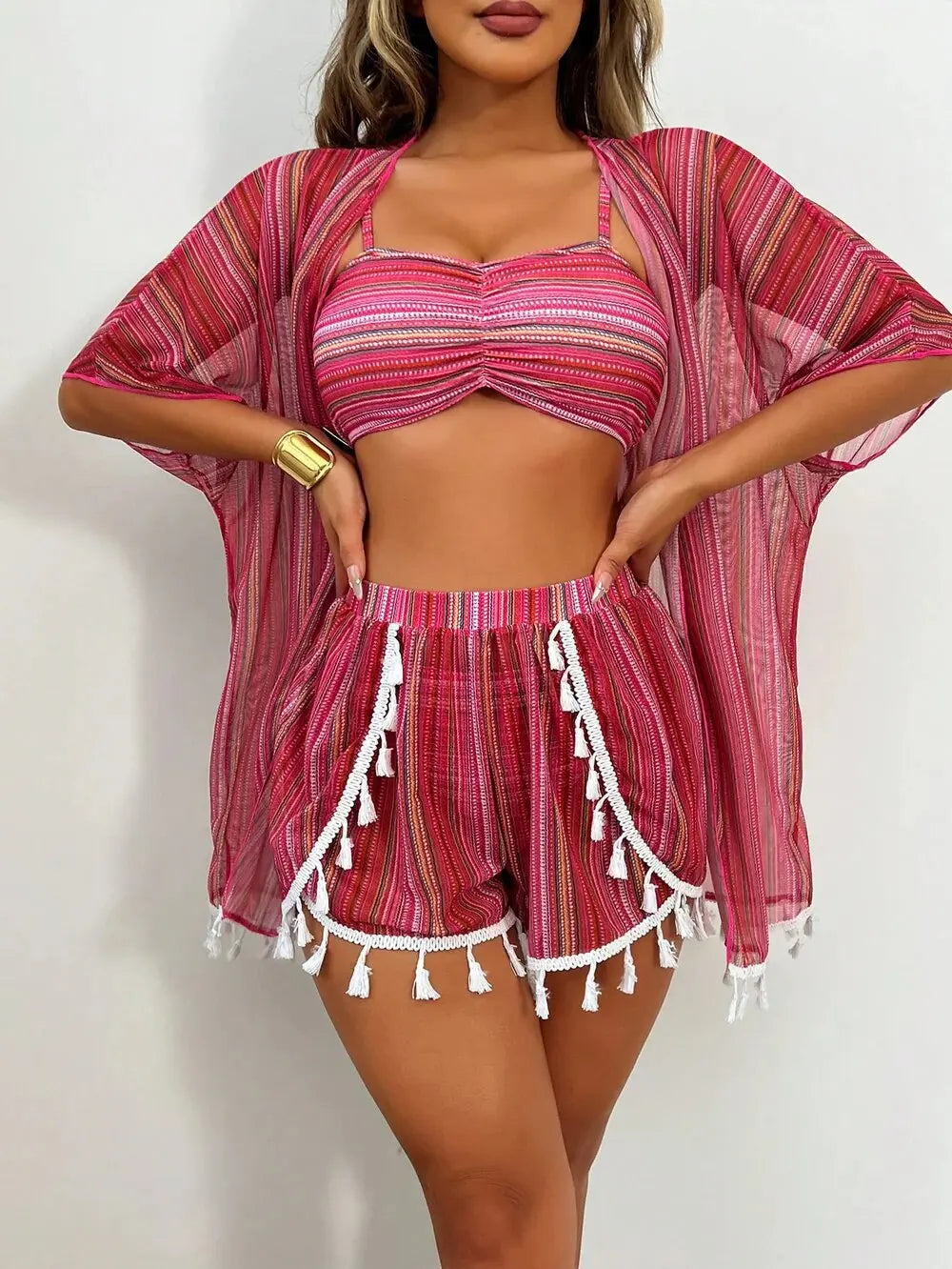 Womens Bikini with cover up sunscreen blouse tassel bikini four-piece swimsuit women's suit