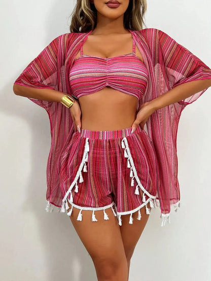 Womens Bikini with cover up sunscreen blouse tassel bikini four-piece swimsuit women's suit